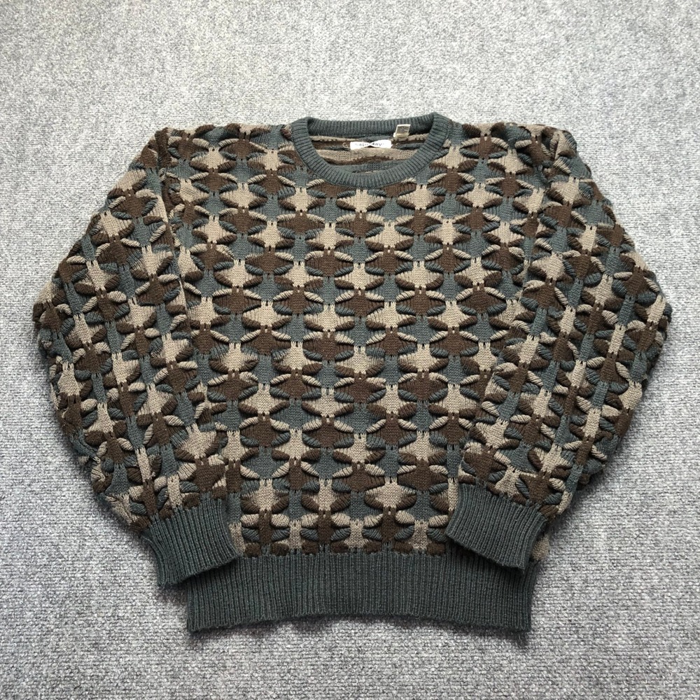 Saturdays Mens Vintage Geometric 3D Textured Knit Sweater Green Brown M